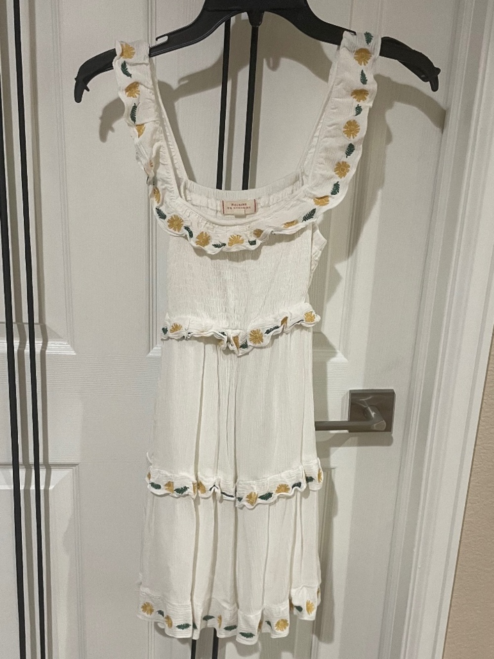 Walking on Sunshine Embroidered Smocked Tiered Mini Dress White Yellow Medium